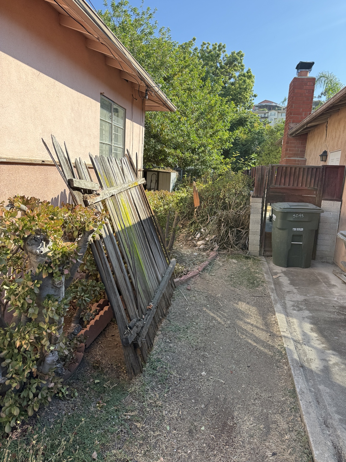 Fence and yard debris before cleanup